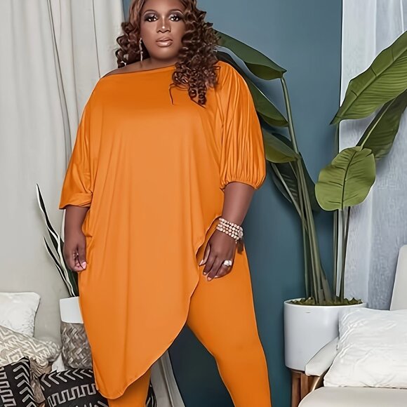 Passion of Essence Pants - Plus Size Off-Shoulder 2PC Set | Asymmetrical Top + Stretch Pants (1X–5X)